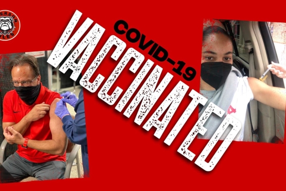 graphic with photos of two people getting vaccinated, red background