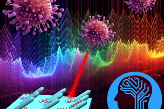 graphic illustration with virus molecules, waves graph and human head profile 