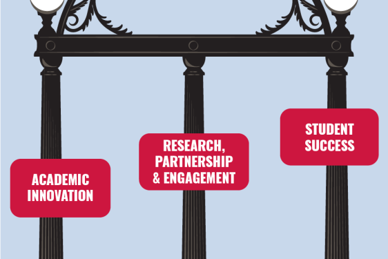 graphic with arch, white text on red rectangles, three vertical pillars