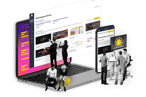 graphic with people standing and sitting within an open lap top computer