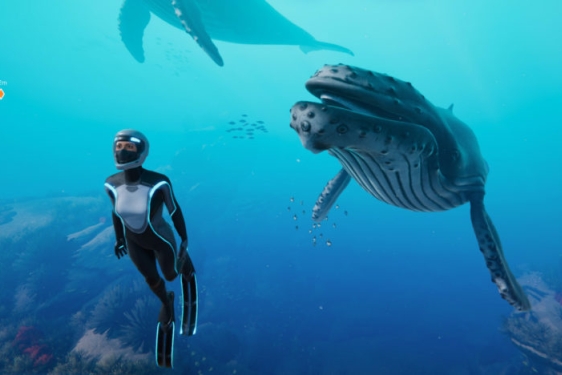 still image from undersea video game, with diver and whale