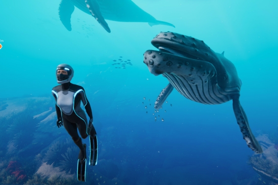 CGI image of whale and diver in the deep sea