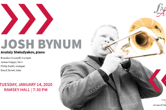 graphic with photo of man playing trombone, red letters