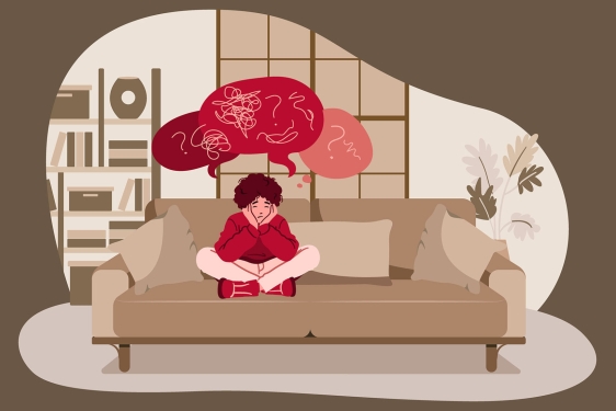 illustration of child seated on couch, with thought bubbles
