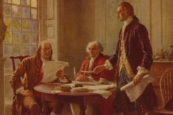 painting of three men at a table, two seated, with papers and window