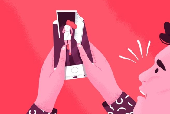 graphic with man holding phone, woman walking out of picture on phone