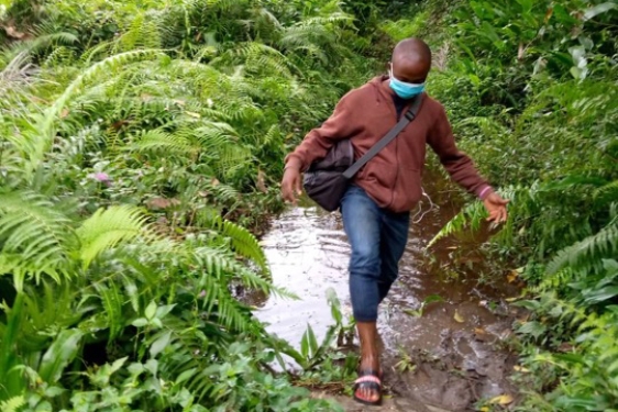 photo of man walking next to small river, with plants 