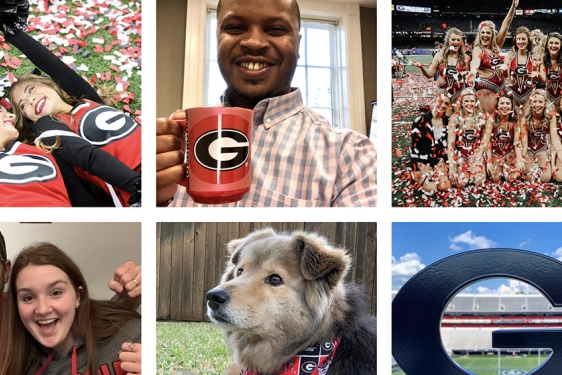 composite grid of six photos with people and dog