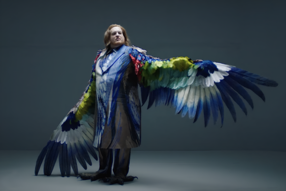 photo of man in costume with large colorful wings