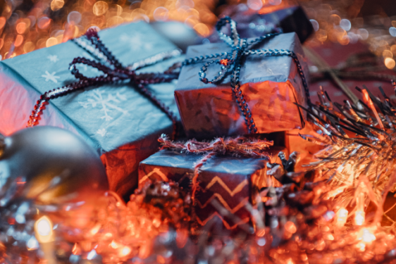 photo of wrapped packages, tinsel