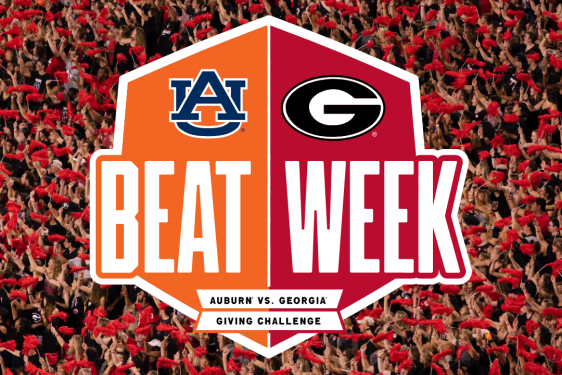 graphic with super G and Auburn logos, crowd photo in background