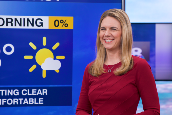 screenshot photo of woman with weather graphic in background