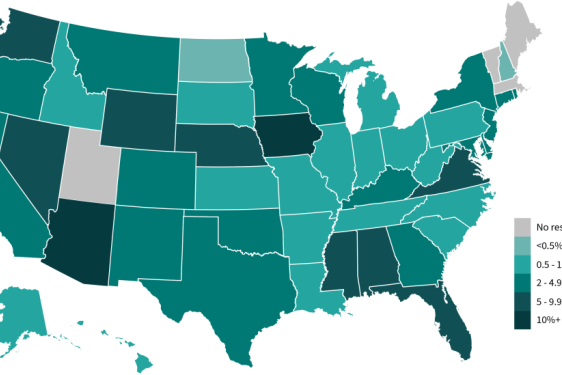map of United States with color coded states and key