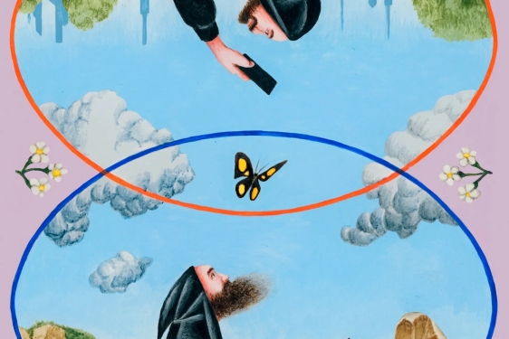 graphic image with inverted monks, top and bottom, butterfly