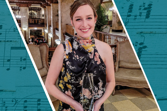 graphic with photo of woman and sheet music