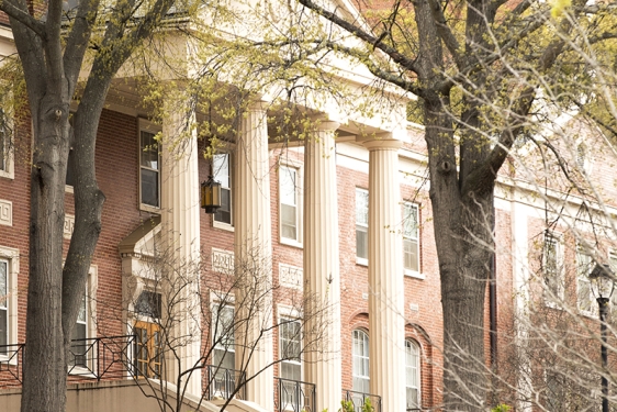 photo of building portico, with spring blooms