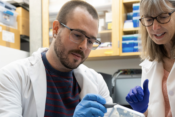 photo of two people in lab with samples, rubber gloves