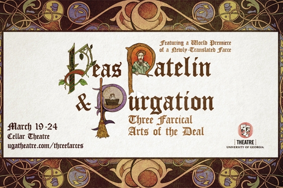 theatre graphic with old script and colorful border