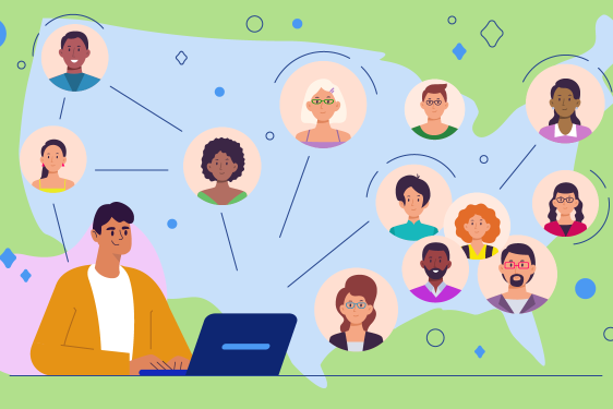 illustration with person at computer and heads of people over map of US