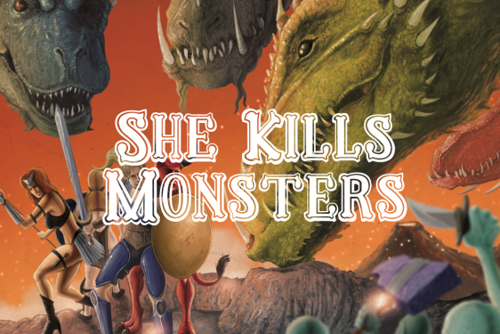 colorful graphic with dragons, swords, and words in white font