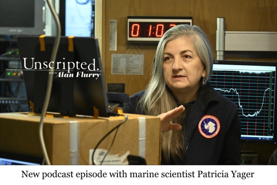 photo of woman in office with laptop, with graphic text