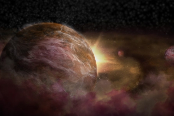 telescopic photo of three planets and star