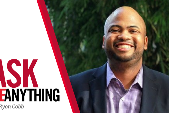 graphic with text and photo of man outdoors