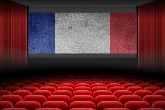 graphic of empty theater interior with French tri-color on screen
