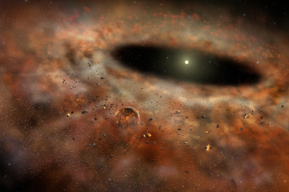 artists rendering of dusty star system, with colors, space, and bright stars