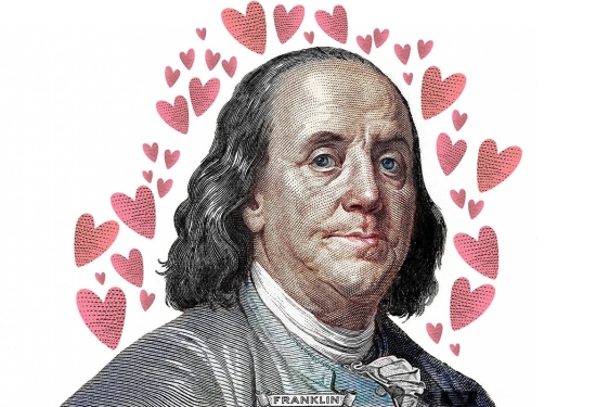 graphic of Benjamin Franklin, surrounded by hearts