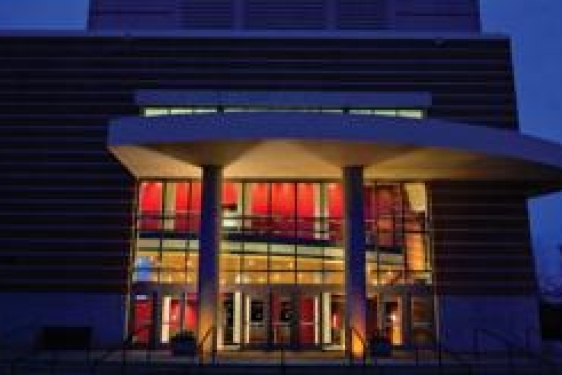 photo of building entry at dusk