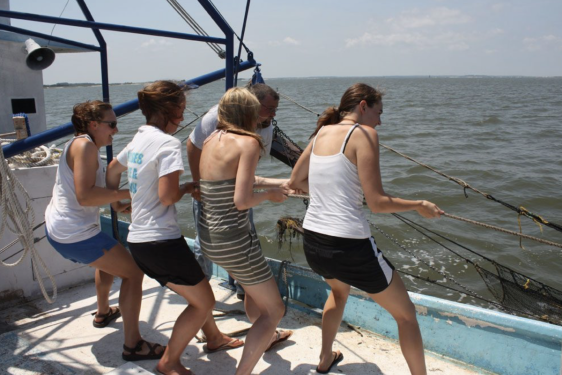 photo of four women pulling rope line on boat