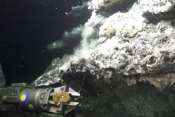 photo of smoke plume in water, mechanical arm in foreground